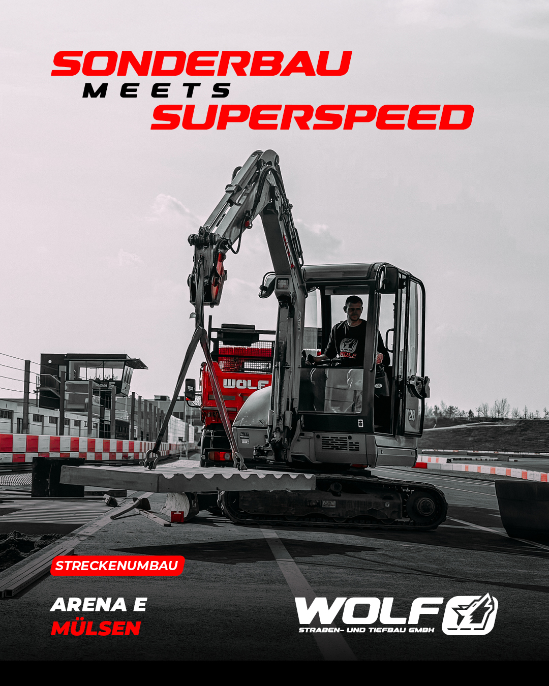 Sonderbau für Kart-Europameisterschaft: Ein Wolf-Minibagger bei Streckenanpassungen in der Arena E Mülsen für die Kart-EM.
